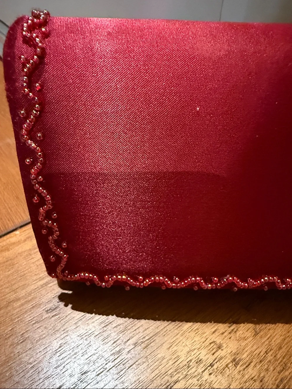 Red Satin Evening Clutch Bag with Beaded Trim